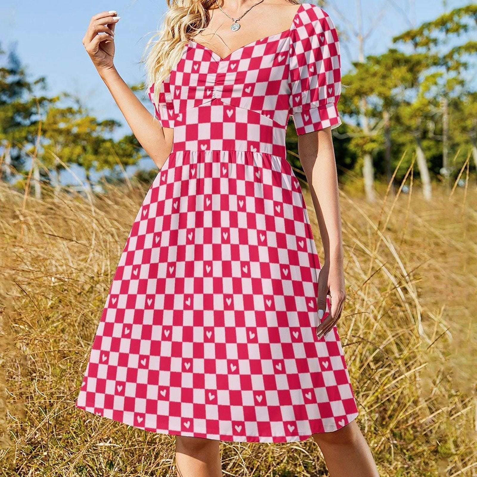 Valentine Check Dress, Pink Heart Pattern Dress, Retro Sweet Date Outfit