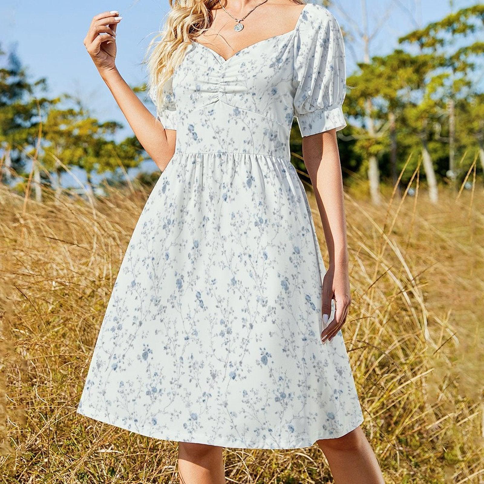 Blue Ditsy Floral Midi Dress, Puff Sleeve Romantic Summer Garden Party Outfit
