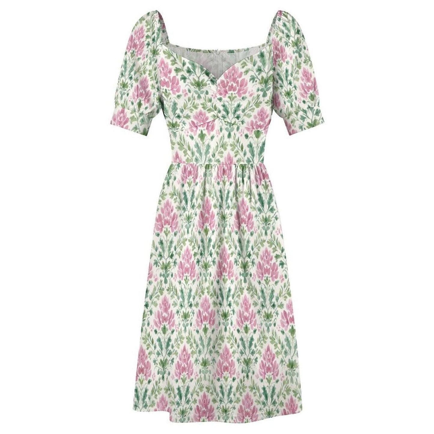Boho Block Print Dress, Pink Green Prairie Sundress, Sweetheart Neck Summer Dress