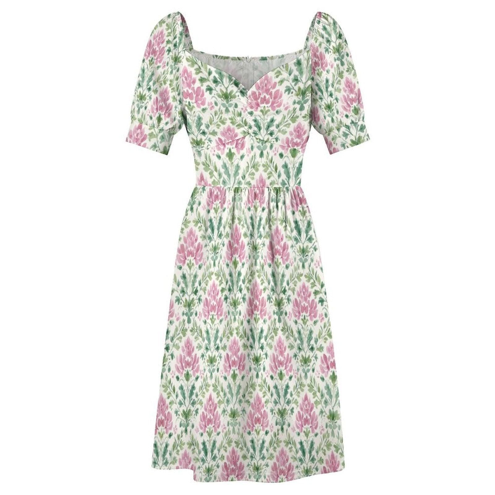Boho Block Print Dress, Pink Green Prairie Sundress, Sweetheart Neck Summer Dress