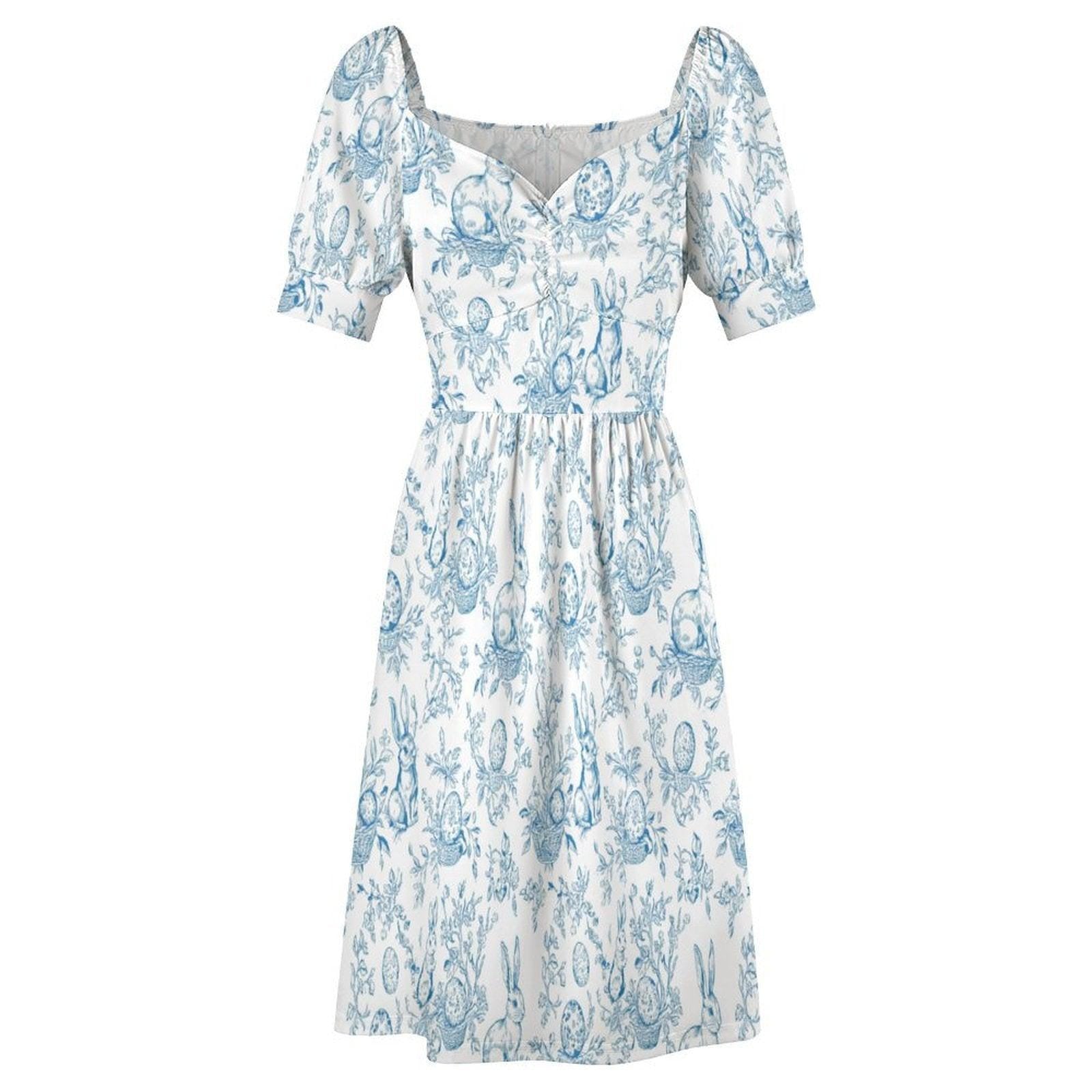 Blue Bunny Toile Midi Dress, Puff Sleeve Fit and Flare, Spring Cottage Outfit, Sweetheart Neckline