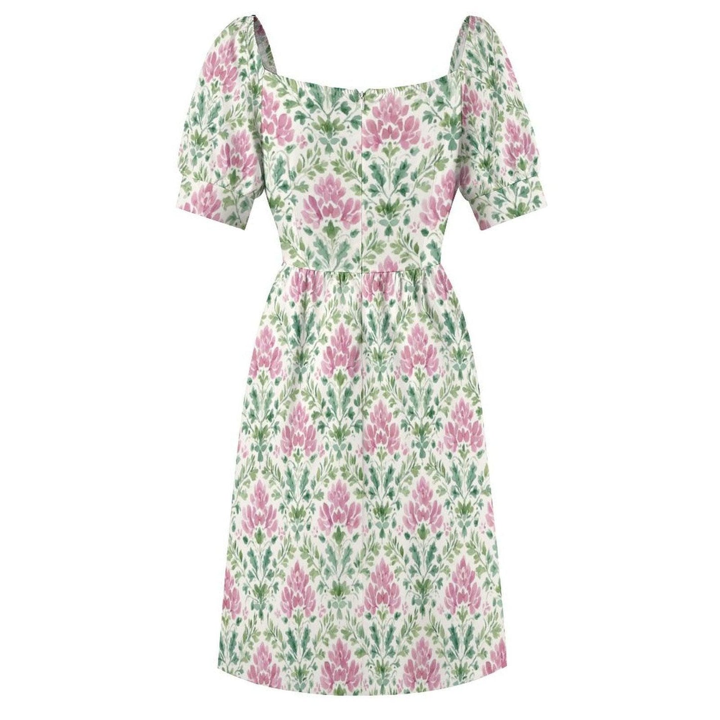 Boho Block Print Dress, Pink Green Prairie Sundress, Sweetheart Neck Summer Dress