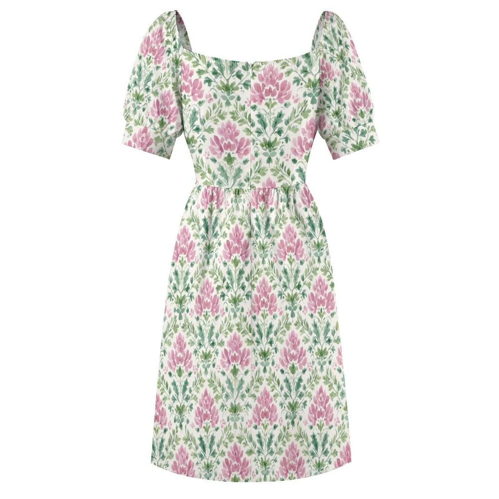 Boho Block Print Dress, Pink Green Prairie Sundress, Sweetheart Neck Summer Dress