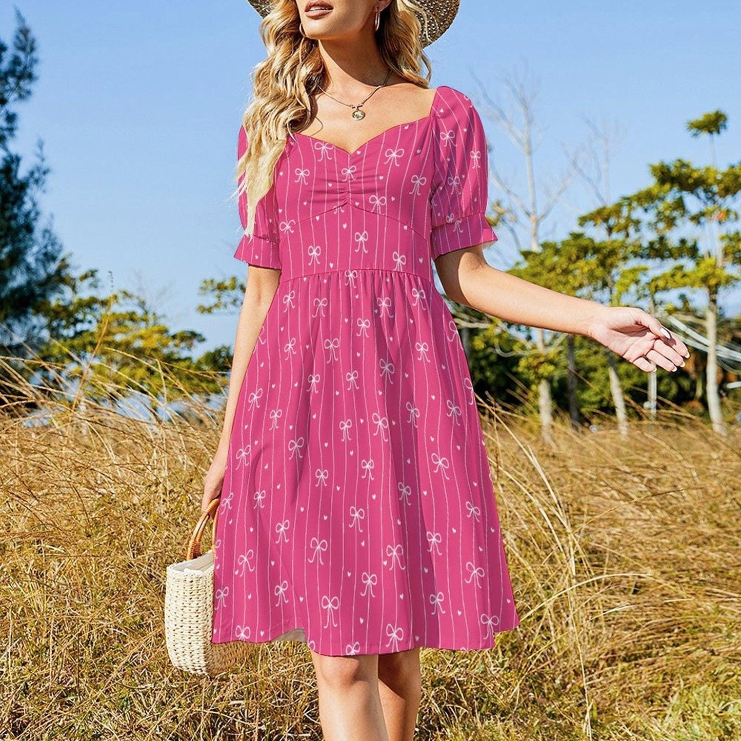 Pink Bow Dress, Bow Stripe Fit and Flare Dress, Feminine Date Night Outfit