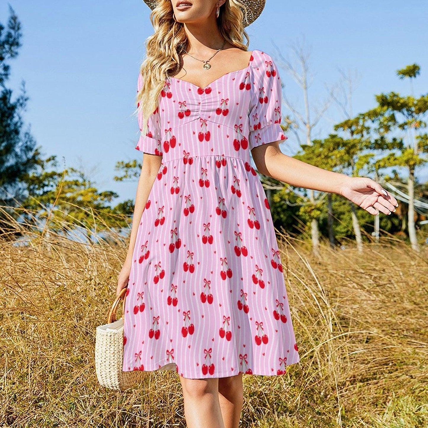Pink Cherry Print Puff Sleeve Dress, Sweetheart Neckline Picnic Outfit