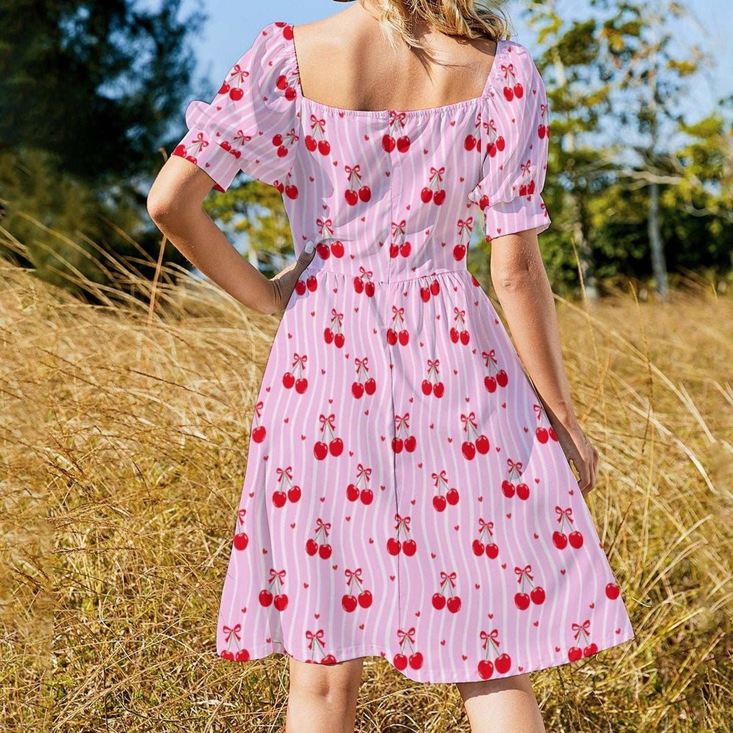 Pink Cherry Print Puff Sleeve Dress, Sweetheart Neckline Picnic Outfit