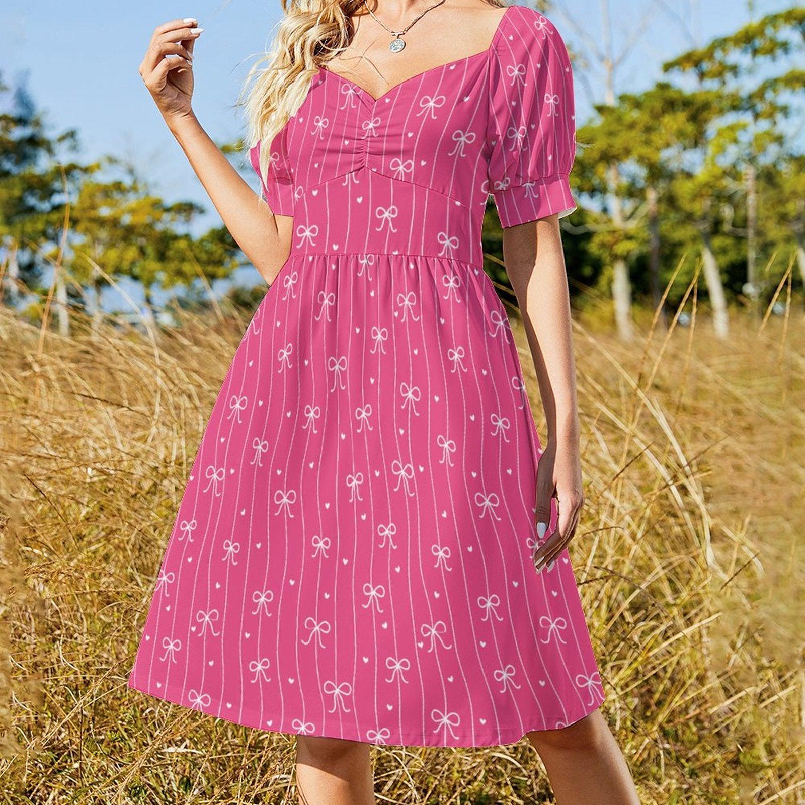 Pink Bow Dress, Bow Stripe Fit and Flare Dress, Feminine Date Night Outfit