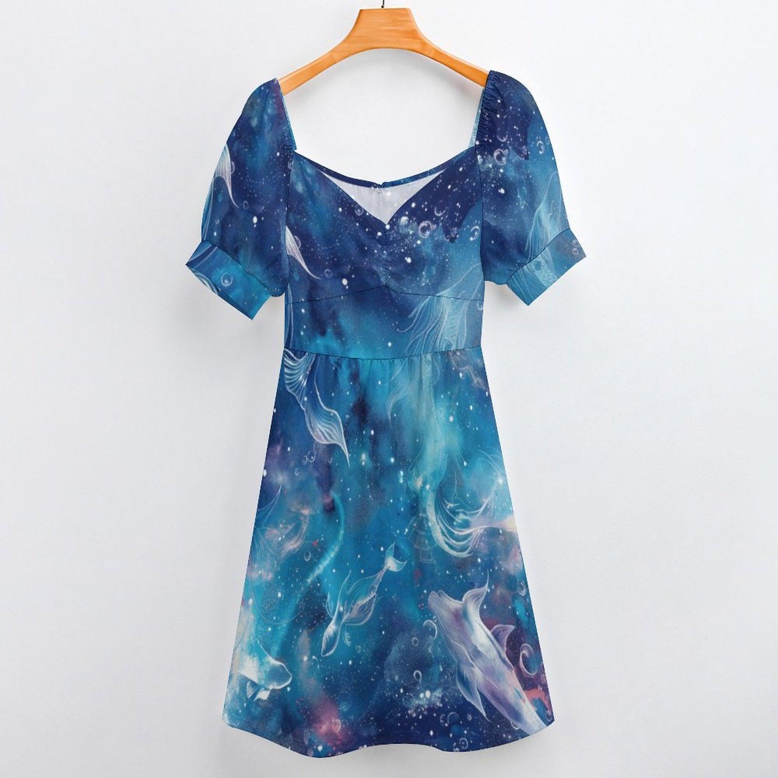 Ocean Print Midi Dress, Whale Galaxy Sundress, Blue Sea Life Party Dress
