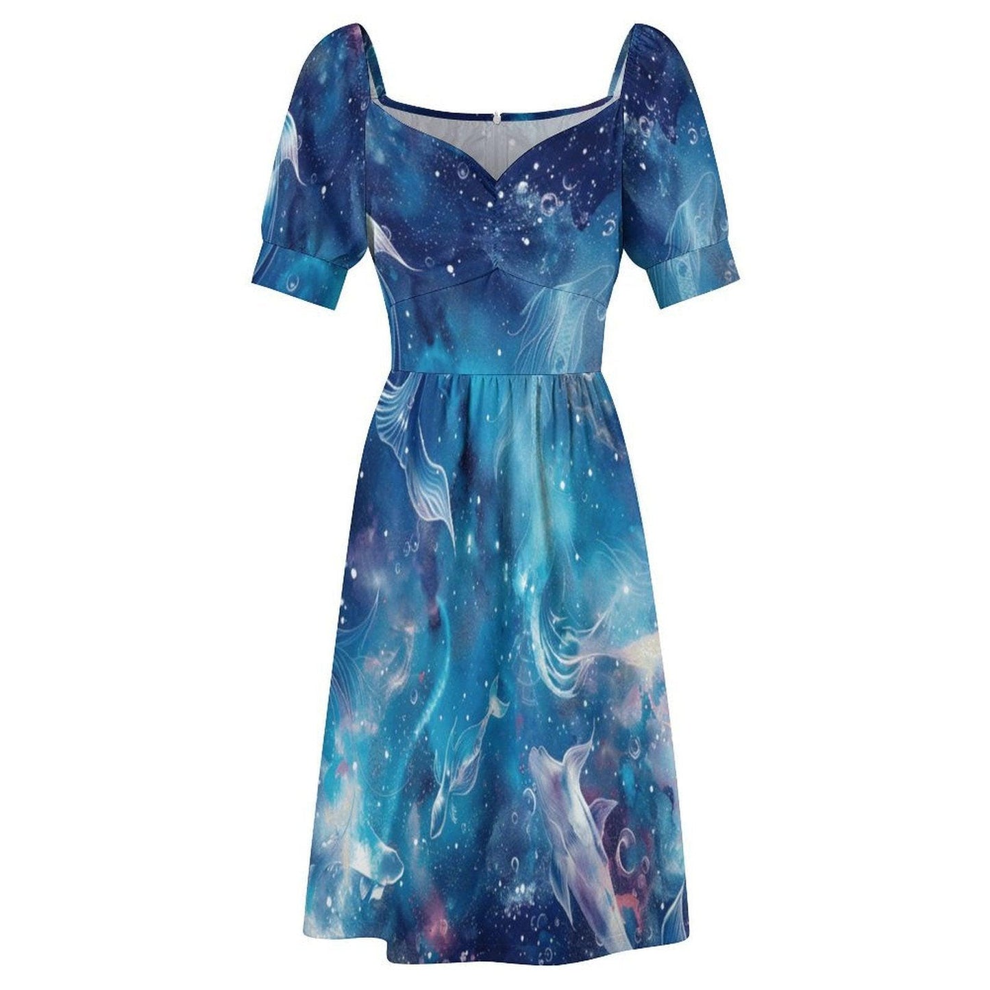 Ocean Print Midi Dress, Whale Galaxy Sundress, Blue Sea Life Party Dress