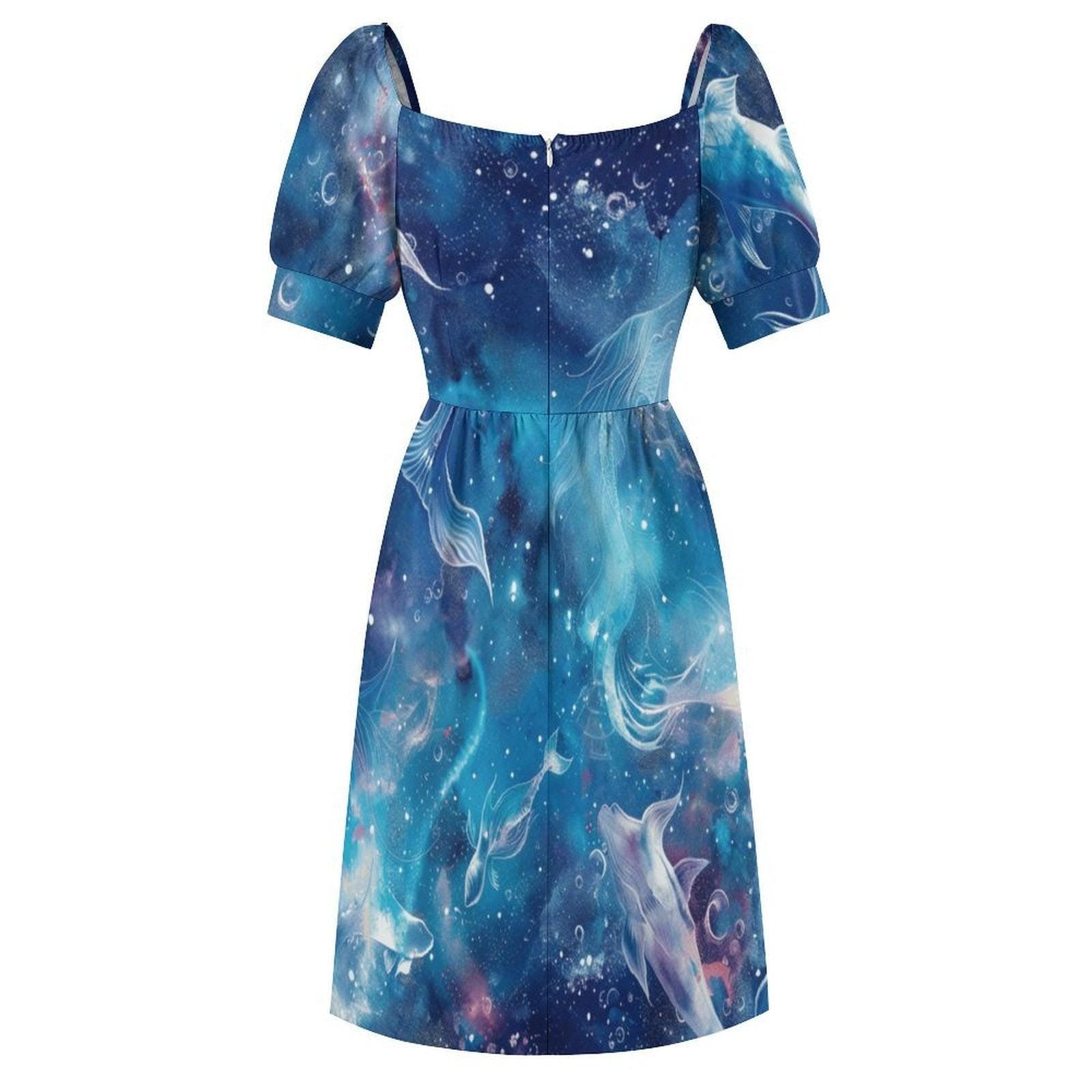 Ocean Print Midi Dress, Whale Galaxy Sundress, Blue Sea Life Party Dress