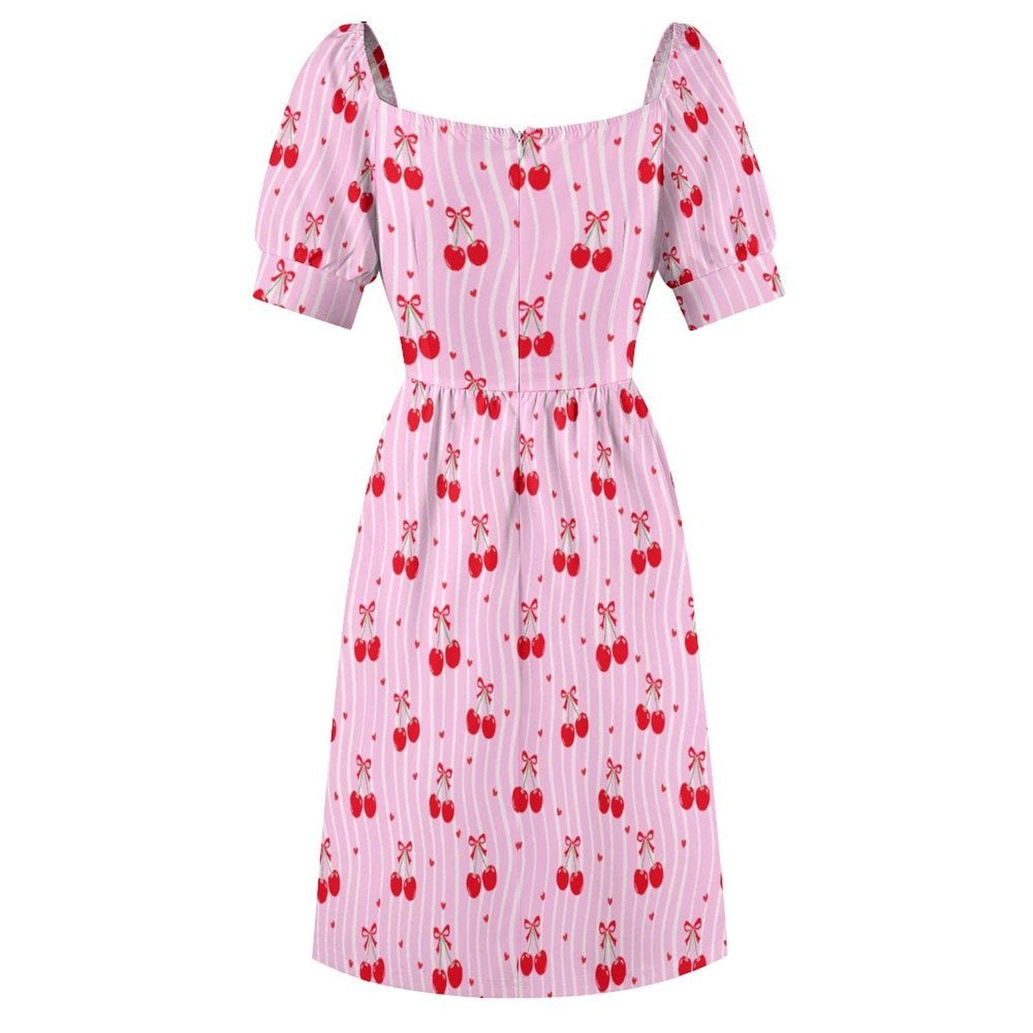 Pink Cherry Print Puff Sleeve Dress, Sweetheart Neckline Picnic Outfit