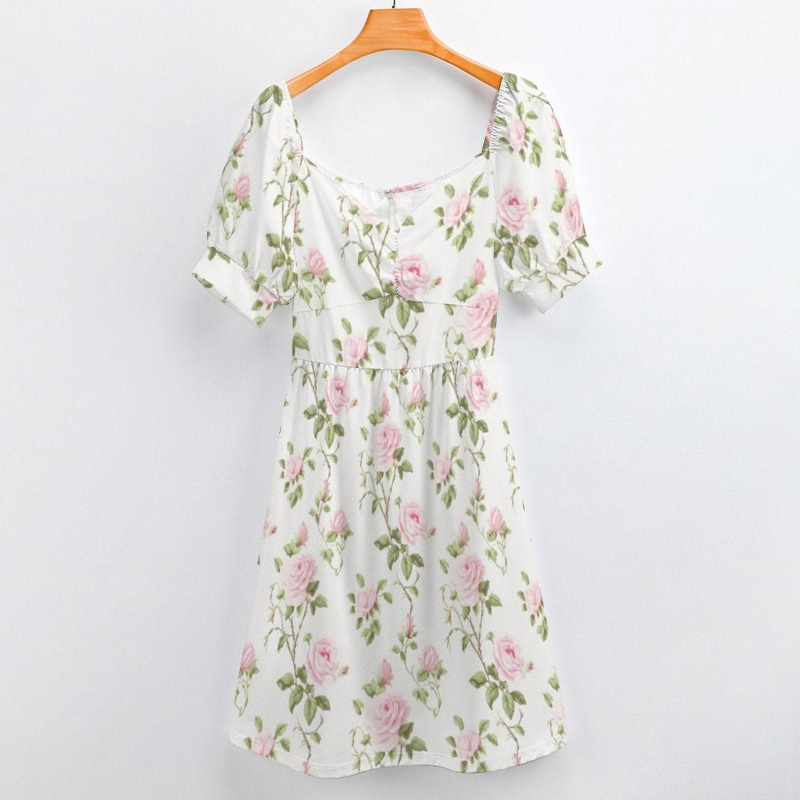 Coquette Floral Midi Dress, Pink Rose Bow Puff Sleeve Sundress, Cottagecore Tea Dress