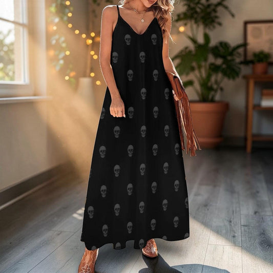 Black skull print maxi dress, spooky boho sundress, goth slip dress, Halloween casual summer outfit