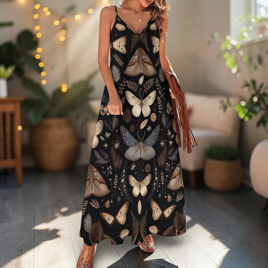 Moth print dress, Dark forest maxi, Vintage insect sundress, Cottagecore moth gown, Mystic pattern outfit, Boho nature style, Witchy dress