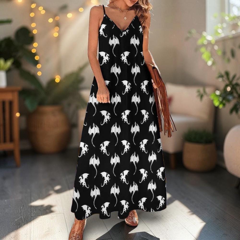 Gothic Dragon Print Maxi Dress, Witchy Fantasy Summer Outfit, Fairycore Boho Witch Dress