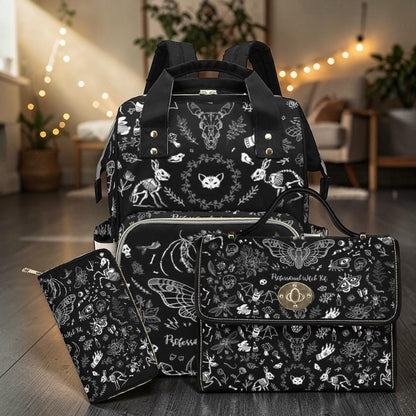 Black Witchy Diaper Bag Backpack, Gothic Moth and Bone Print Baby Bag, Spooky Cute Mom Organizer