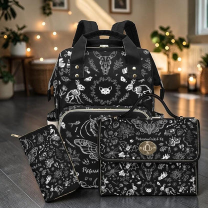 Goth moth-print backpack, handbag, and zip wallet shown together