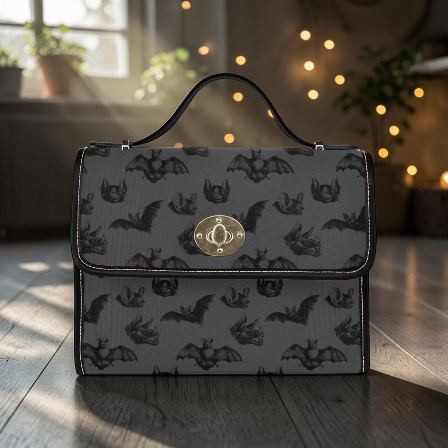 Gothic Bat Print Top Handle Bag, Spooky Cute Structured Shoulder Purse, Halloween Dark Neutral Satchel