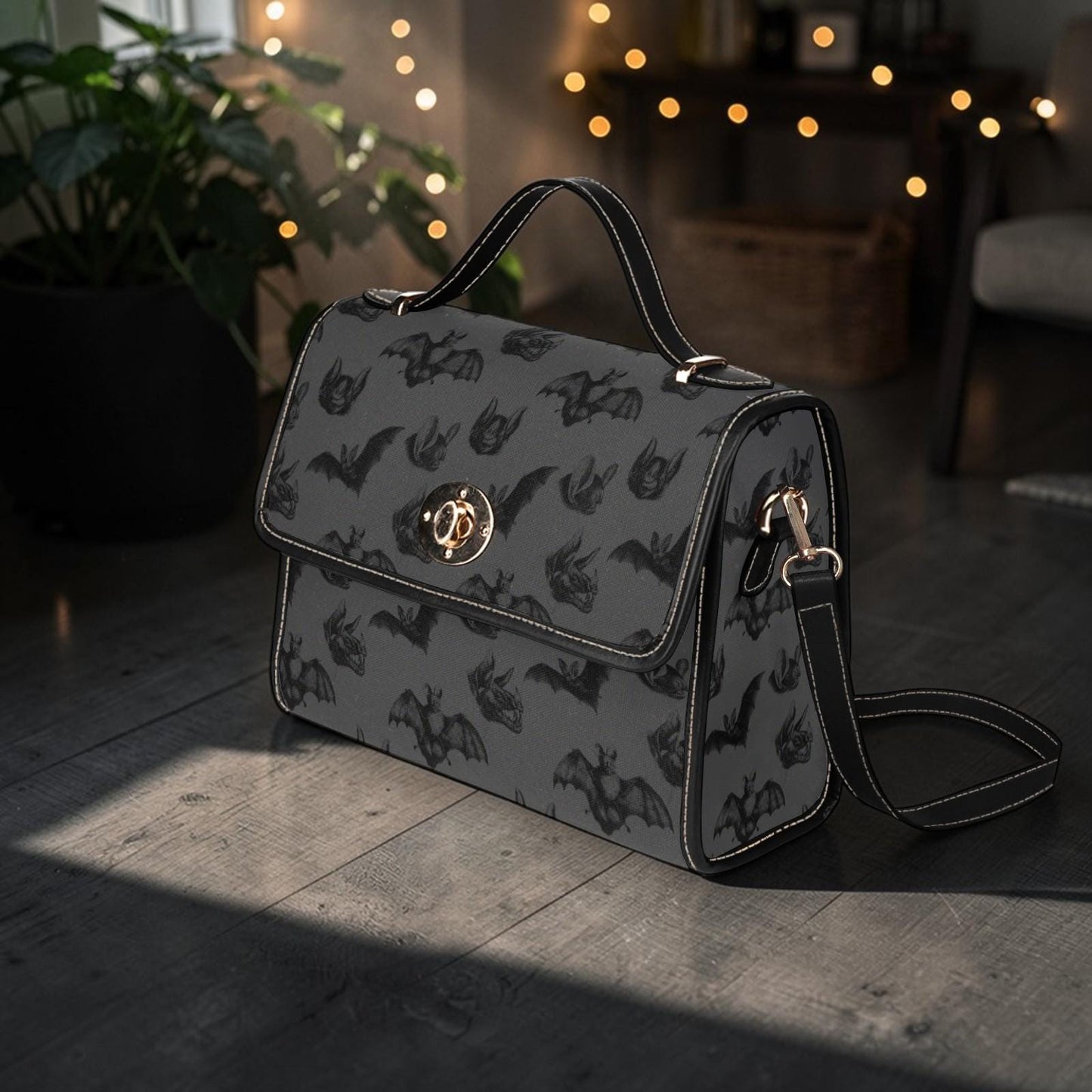 Gothic Bat Print Top Handle Bag, Spooky Cute Structured Shoulder Purse, Halloween Dark Neutral Satchel