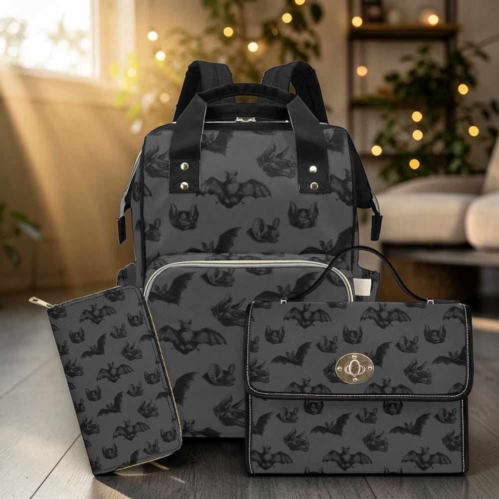 Black Bat Diaper Bag Backpack, Spooky Cute Baby Organizer, Travel Mom Backpack, Stroller Friendly