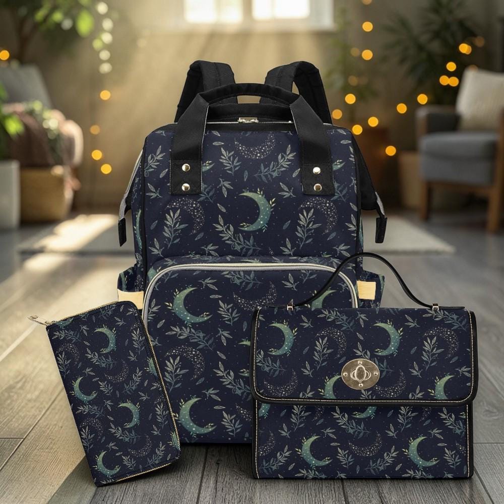 Celestial Moon Diaper Bag Backpack, Navy Nursery Travel Bag for Moms and Babies