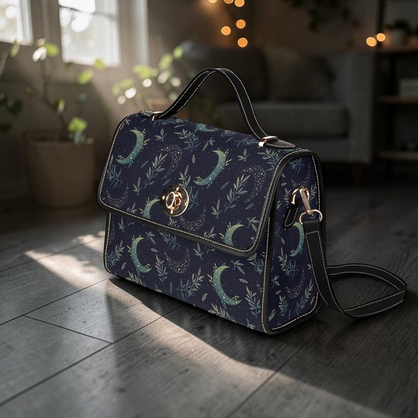 Celestial Moon Satchel Purse, Navy Top Handle Handbag, Crescent Moon Botanical Bag, Structured Everyday Purse