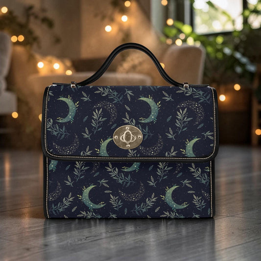 Celestial Moon Satchel Purse, Navy Top Handle Handbag, Crescent Moon Botanical Bag, Structured Everyday Purse
