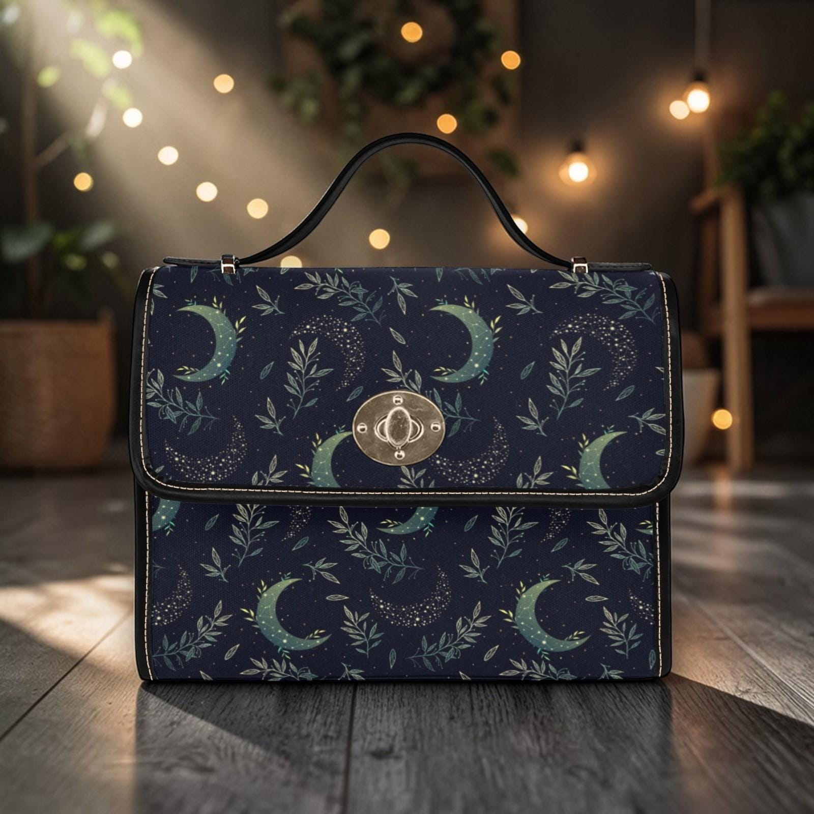 Celestial Moon Satchel Purse, Navy Top Handle Handbag, Crescent Moon Botanical Bag, Structured Everyday Purse