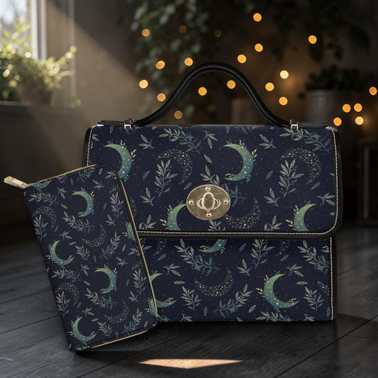 Moon Print Top Handle Bag, Celestial Satchel Purse, Navy Crescent Moon Handbag, Starry Botanical Everyday Bag