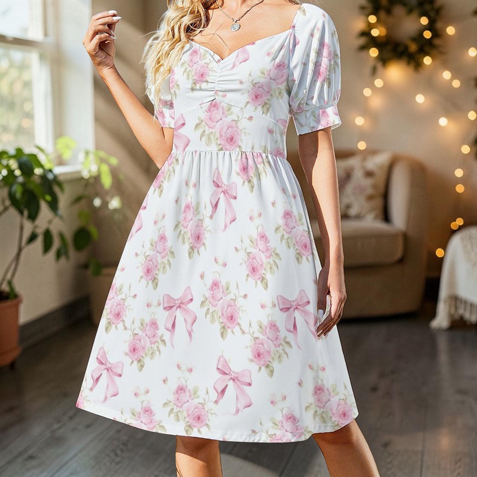 Coquette Floral Midi Dress, Pink Rose Bow Puff Sleeve Sundress, Cottagecore Tea Dress