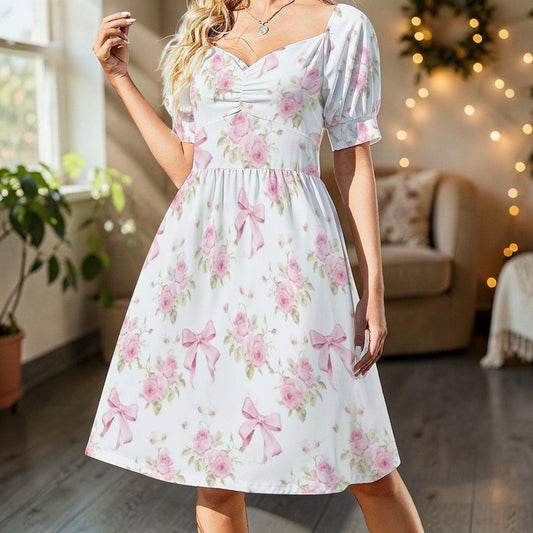 Coquette Floral Midi Dress, Pink Rose Bow Puff Sleeve Sundress, Cottagecore Tea Dress