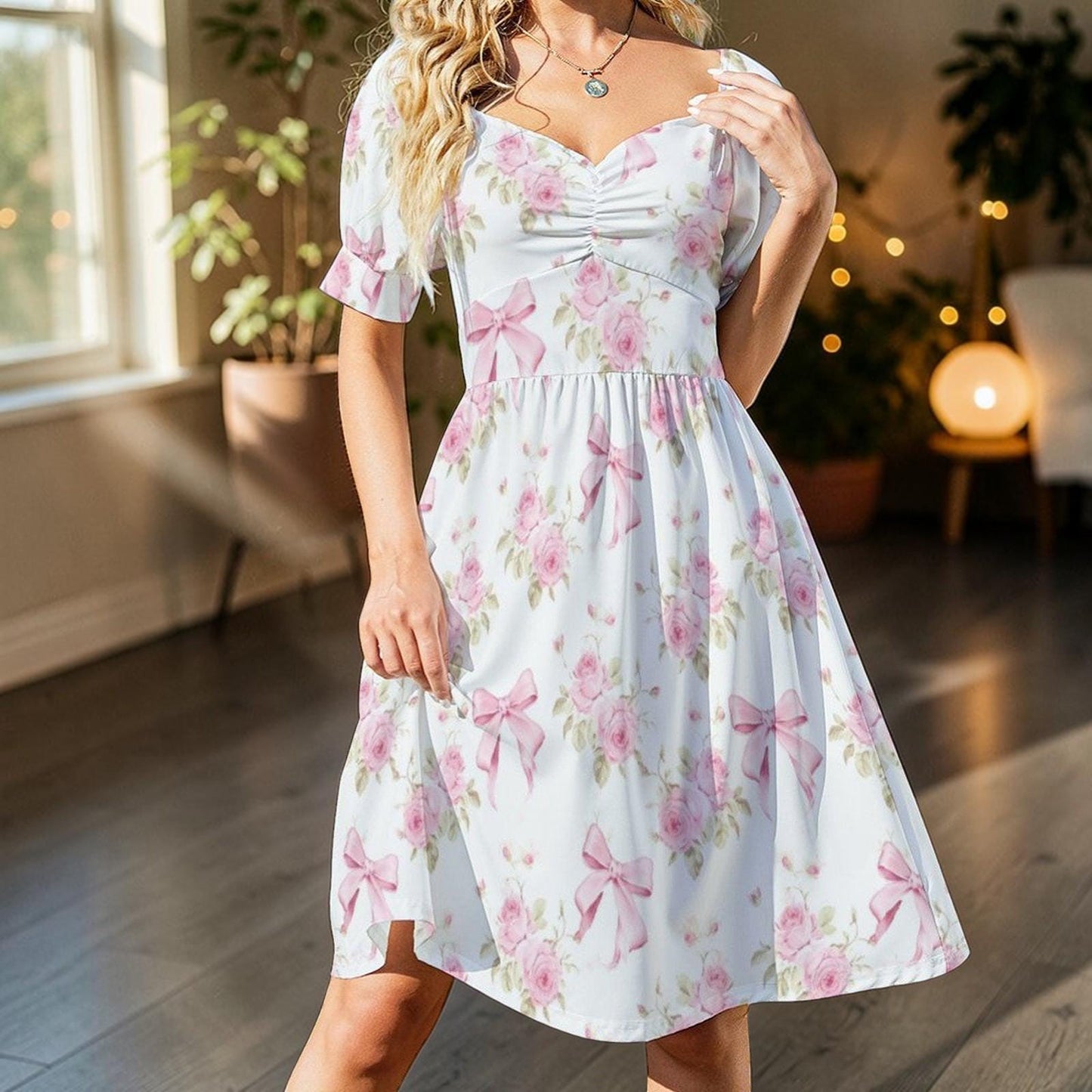 Coquette Floral Midi Dress, Pink Rose Bow Puff Sleeve Sundress, Cottagecore Tea Dress