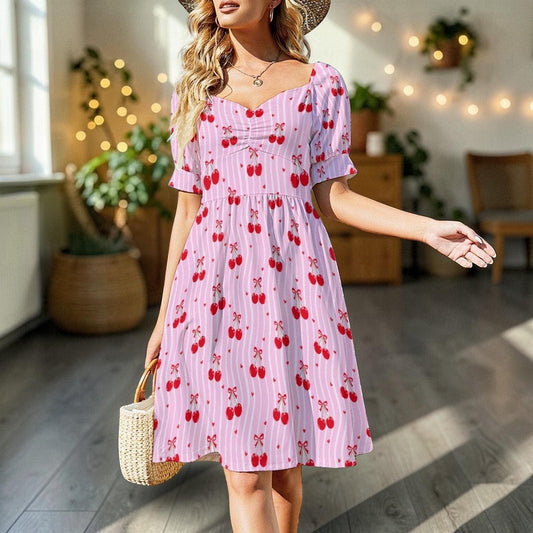Pink Cherry Print Puff Sleeve Dress, Sweetheart Neckline Picnic Outfit