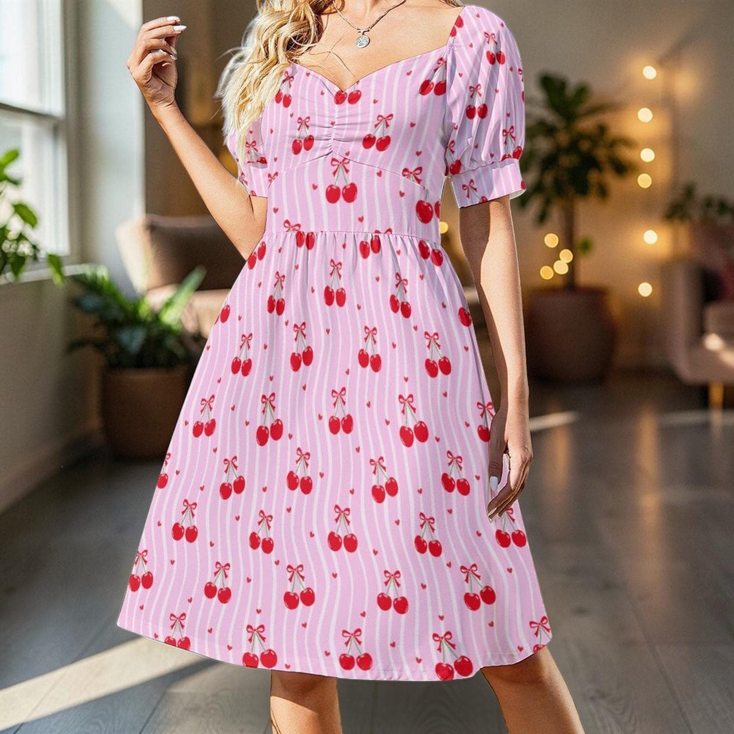 Pink Cherry Print Puff Sleeve Dress, Sweetheart Neckline Picnic Outfit