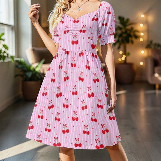 Pink Cherry Print Puff Sleeve Dress, Sweetheart Neckline Picnic Outfit