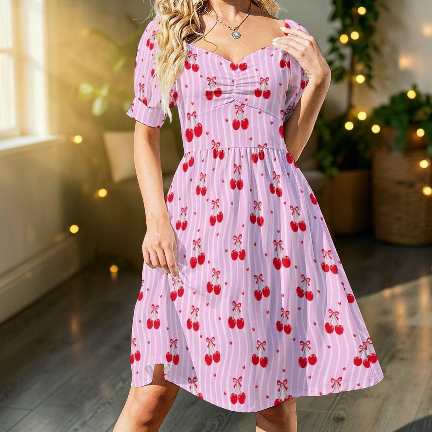 Pink Cherry Print Puff Sleeve Dress, Sweetheart Neckline Picnic Outfit