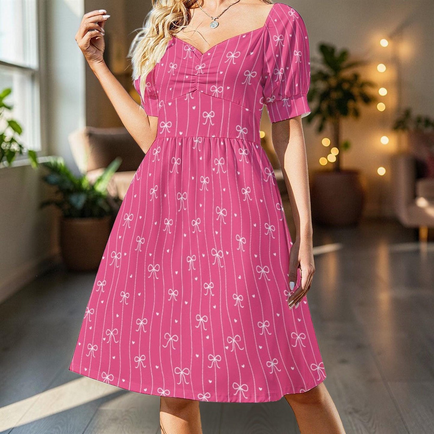 Pink Bow Dress, Bow Stripe Fit and Flare Dress, Feminine Date Night Outfit