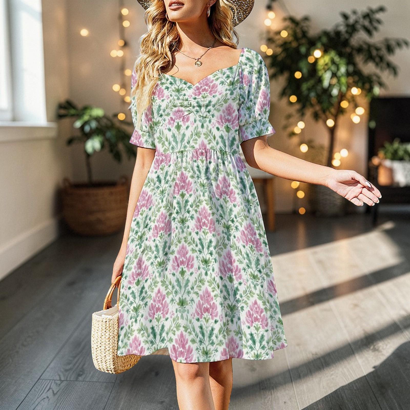 Boho Block Print Dress, Pink Green Prairie Sundress, Sweetheart Neck Summer Dress