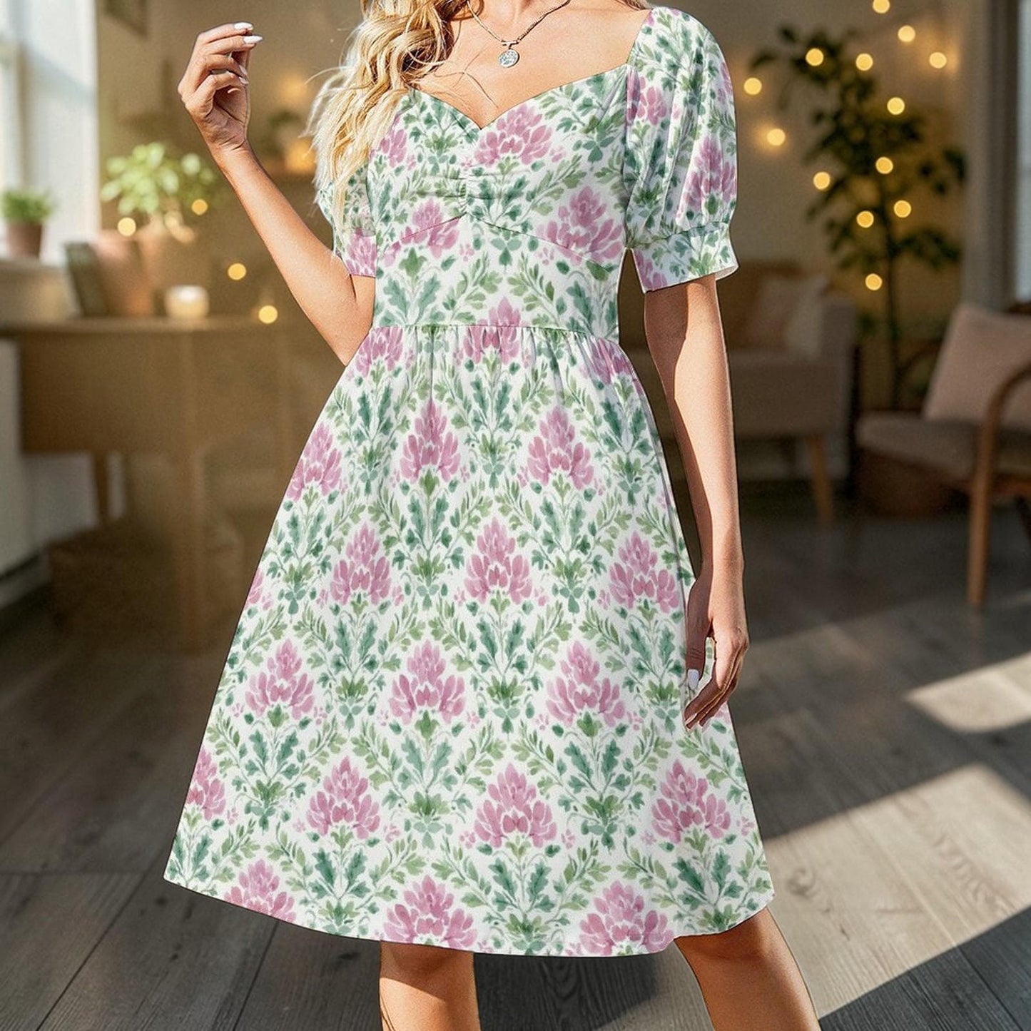 Boho Block Print Dress, Pink Green Prairie Sundress, Sweetheart Neck Summer Dress