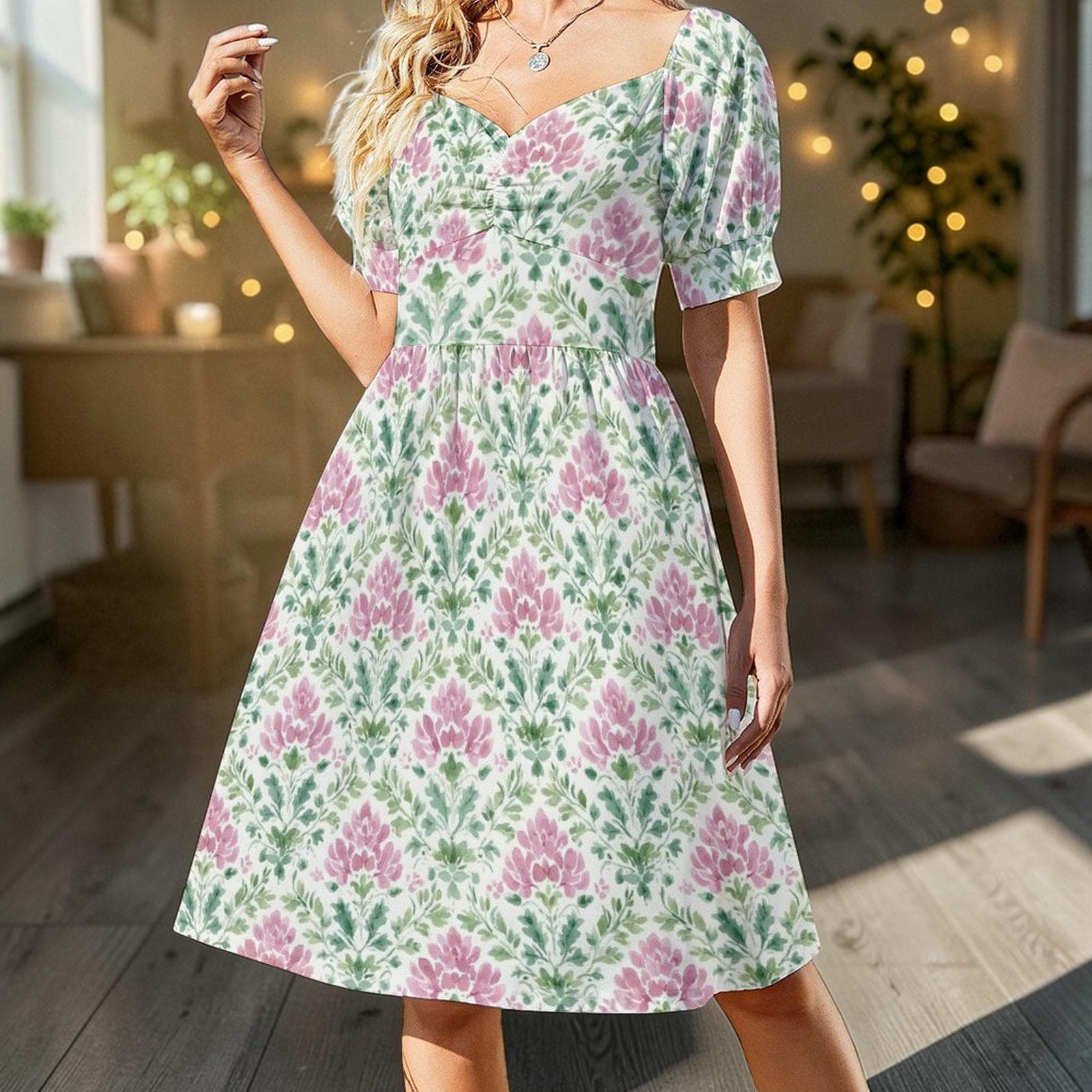 Boho Block Print Dress, Pink Green Prairie Sundress, Sweetheart Neck Summer Dress