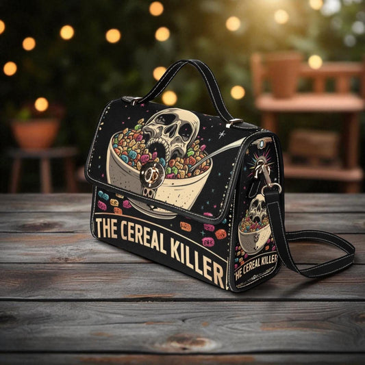 Dark humor shoulder bag, cereal killer canvas satchel, alt goth streetwear purse, spooky skeleton crossbody, funny baddie gift idea