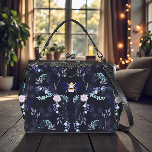 Bee Floral Kisslock Bag, Night Garden Purse, Cottagecore Handbag
