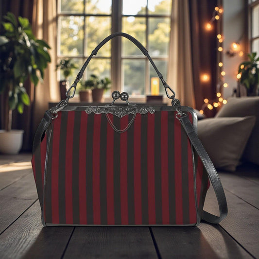 Red and Black Stripe Handbag: Vintage Kisslock Clasp, Vegan Leather Bag