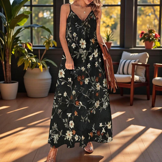 Dark Botanical Maxi Dress, Cottagecore Floral Dress, Nature Sundress