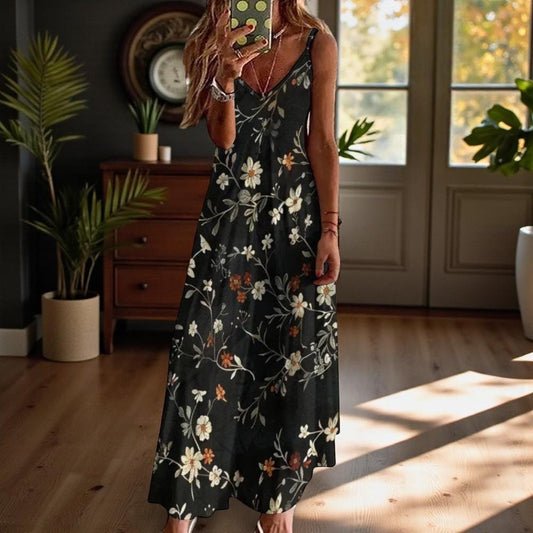 Dark Botanical Maxi Dress, Cottagecore Floral Dress, Nature Sundress