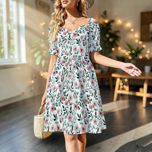 Floral Midi Dress, Cottagecore Puff Sleeve Dress, Pink Wildflower Garden Party Dress