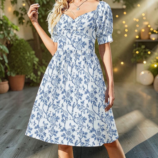Blue Floral Toile Midi Dress, Cottagecore Puff Sleeve Dress, Romantic Garden Party Dress