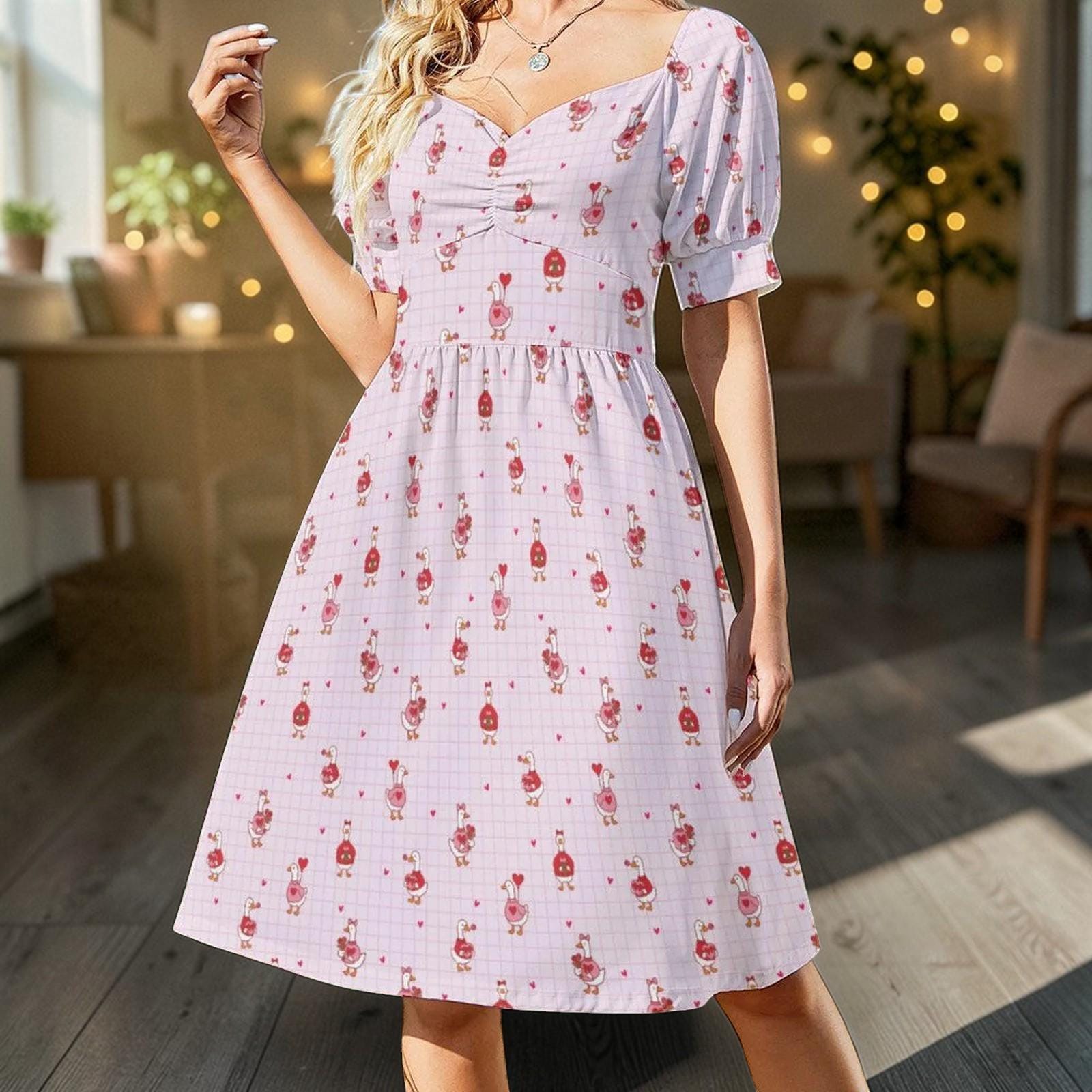 Coquette Sundress, Pink Heart Print Dress, Romantic Fit and Flare Valentine Outfit