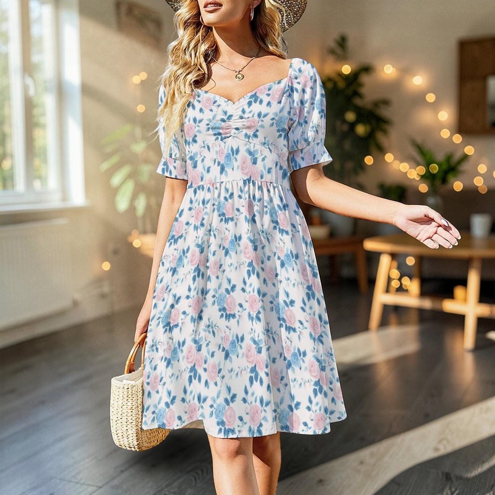 Baby Shower Guest Dress, Blue Floral Prairie Midi for Women, Feminine Sunday Best Outfit