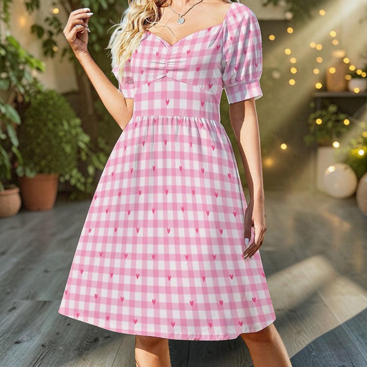 Pink Gingham Midi Dress with Hearts, Puff Sleeve Coquette Dress